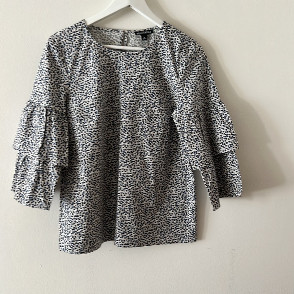 J Crew - Women's Blue and White Ruffle Sleeve Top